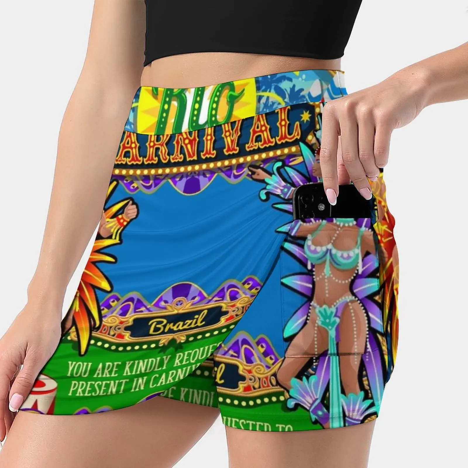 

Rio Carnival Poster Frame Brazil Carnaval Mask Show Parade Women's skirt Sport Skort Skirt With Pocket Fashion Korean Style