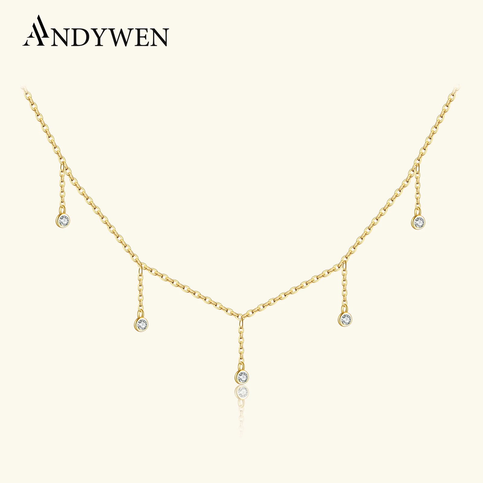 

ANDYWEN 925 Sterling Silver Gold Round CZ Zircon Charm Choker Necklace Long Chain Luxury Party Rock Punk Jewelry For Women