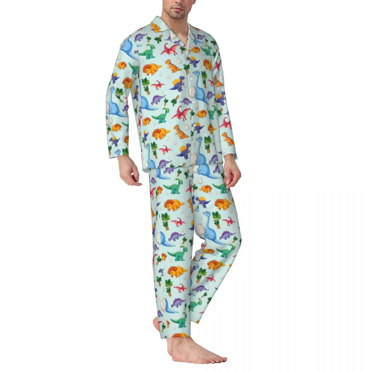 Colorful Cute Dinosaurs Pajamas Man Cartoon Dinos Jungle Lovely Leisure Nightwear Autumn 2 Pieces Oversized Design Pajama Sets