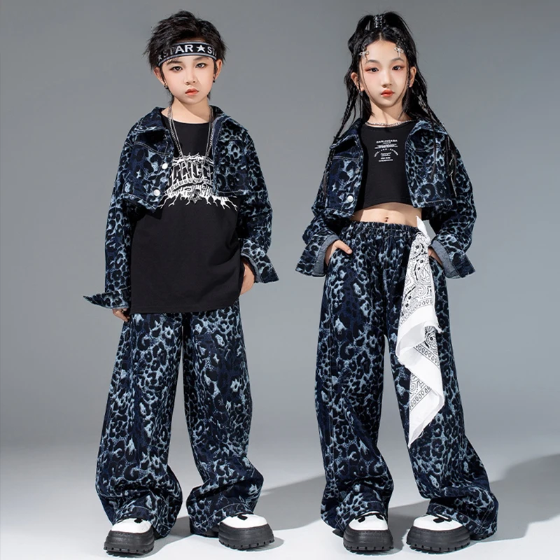 Leopard Blue Street Dance Suit Children Hip Hop Kpop Dance Stage Costume Boys Girls Club Jazz Performance Suit Jacket Pants 2207