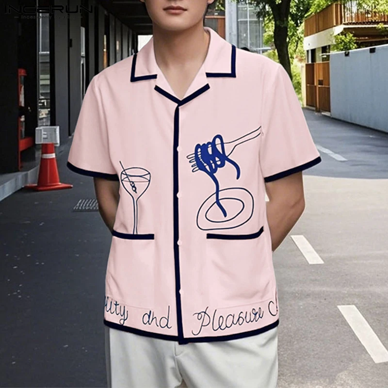 

INCERUN 2025 Men Shirt Summer Tops Printing Patchwork Lapel Short Sleeve Casual Men Clothing Streetwear Korean Fashion Shirts