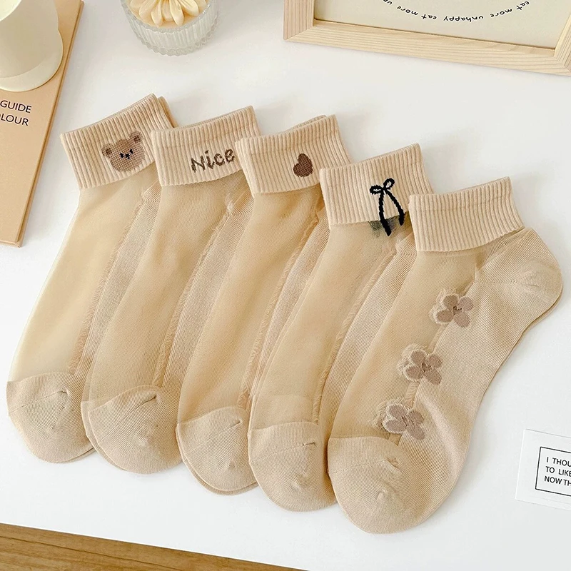 

5Pairs Summer Short Tube Meat colored Women's Socks Cotton Bottom Crystal Silk Shallow Mouth Ins Casual Socks Cartoon Bear Socks
