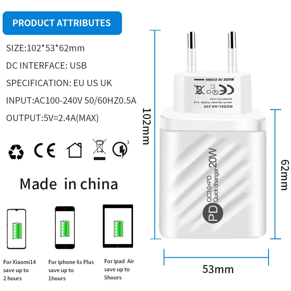 USB Charger 20W Fast Charging Mobile Phone Adapter For iPhone 14 Samsung Xiaomi Huawei Quick Charge 3.0 Wall USB Charger Adapter