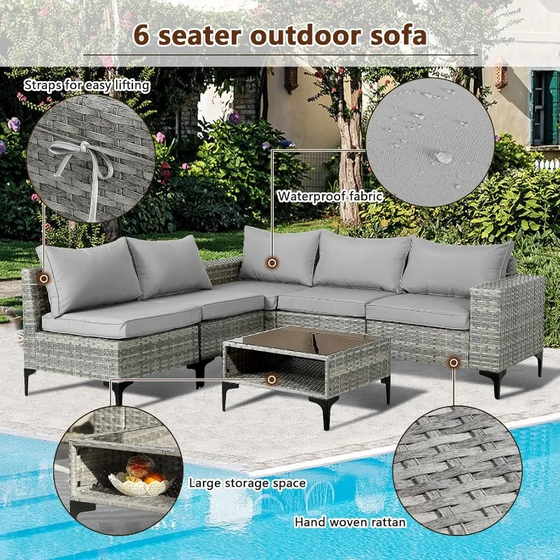 Juego de muebles de mimbre para Patio, muebles seccionales para exteriores, tejido Manual para todo tipo de clima, sofás con cojín, mesa de vidrio,