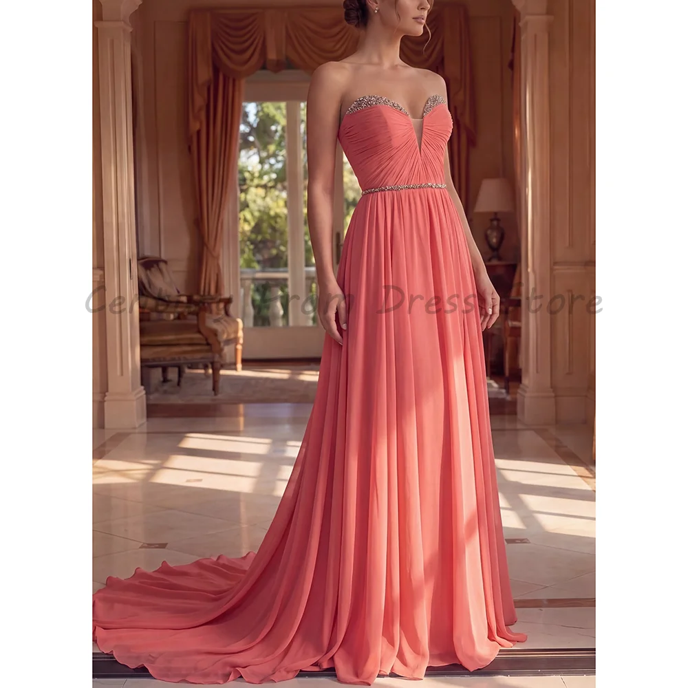 Coral Chiffon Strapless Evening Dress Sweetheart Neck Ruched Rhinestone Trim A Line Bridesmaid Wedding Guest Party Gown