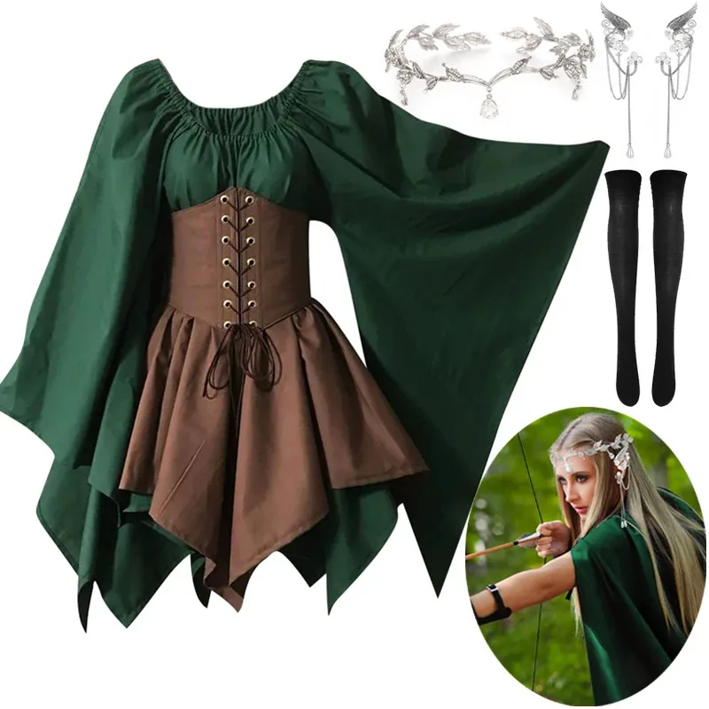 

Women Elf Costume Renaissance Traditional Irish Dress Medieval Fairy Costume Elf Ears for Halloween Cosplay