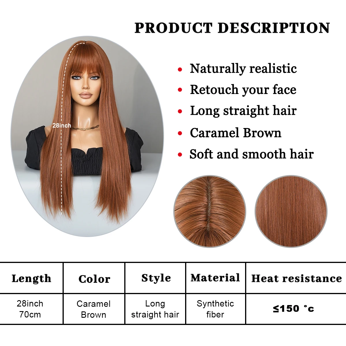 PARK YUN Long Straight Caramel brown Wig for Women Daily Party High Density Synthetic Red Brown Hair Wigs with Bangs Natural