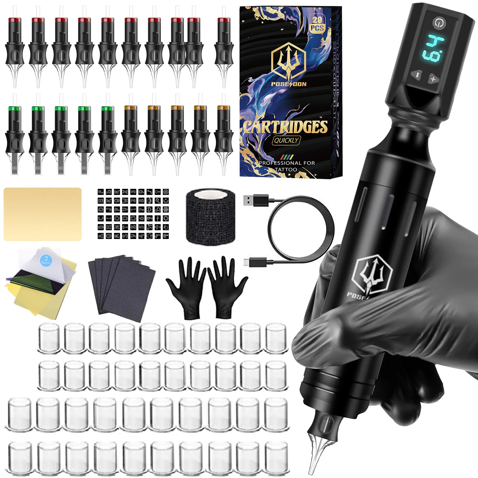 Tattoo Kit POSEIDON V5 Tattoo Pen Kit For Permanent Makeup Tattoo Machine Kit Good Quality Tattoo Power Supply Tattoo Gun Kit