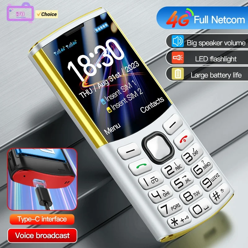 I78 4G Mini Button Phone 1.77 Inch Dual SIM Card Voice King LED Flashlight Loudspeaker Type-C Multimedia Feature Mobile Phone