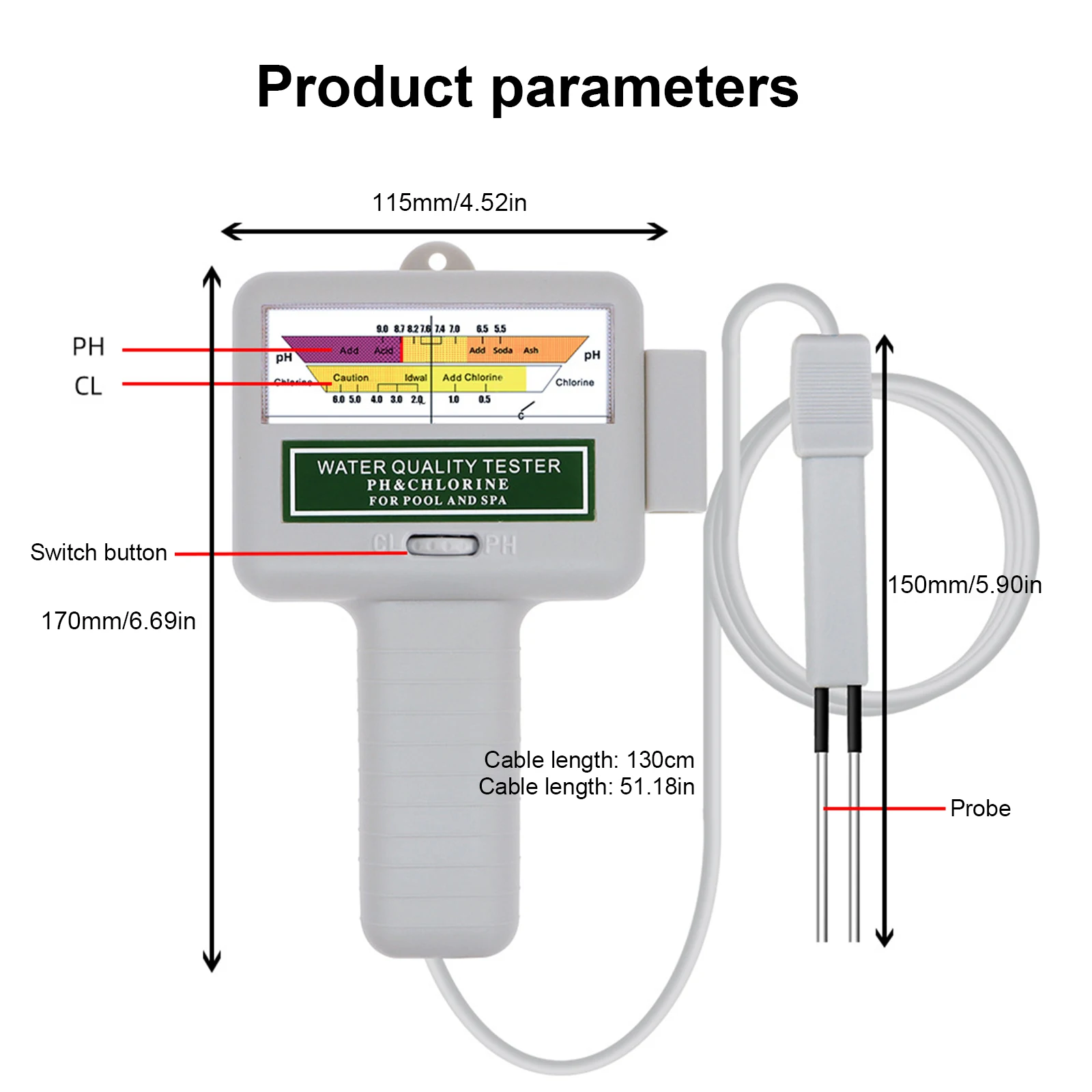 Water Quality Testing Device Professional PH Chlorine Cl2 Level Meter Tester with Probe for Swimming Pool Spa Water Monitor