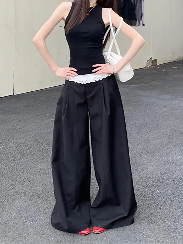 PBAP مكشكش الدانتيل مطوي السراويل واسعة غير رسمية النساء منخفضة الخصر التباين المرقعة ثنيات صالة البدلة بنطلون ملابس الصيف الرجعية #3