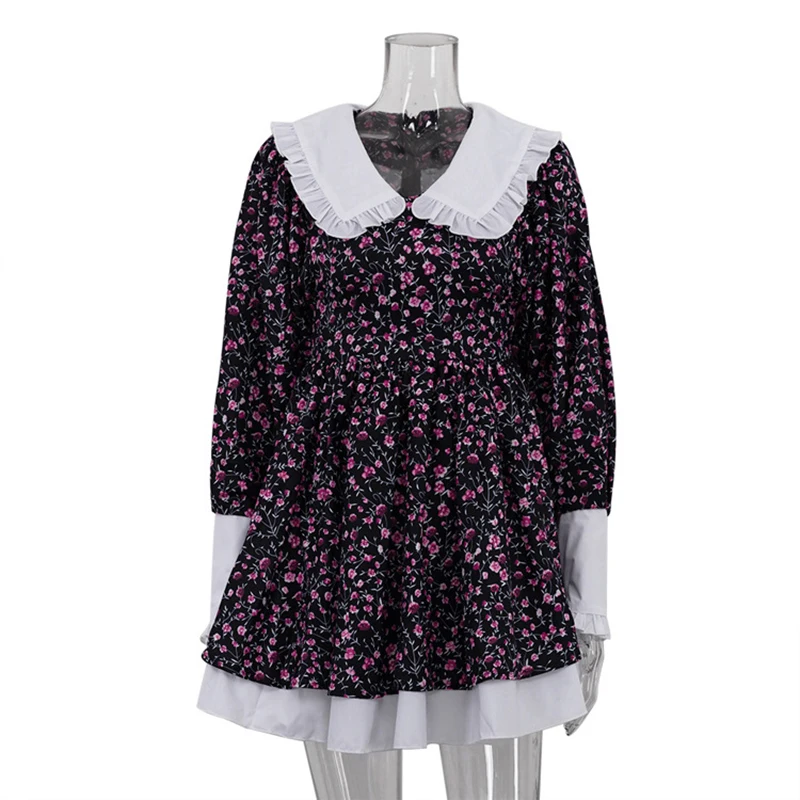 Moda peter pan colarinho impressão vestidos primavera feminino lanterna manga dupla camada vestido de verão cintura alta uma linha mini vestido