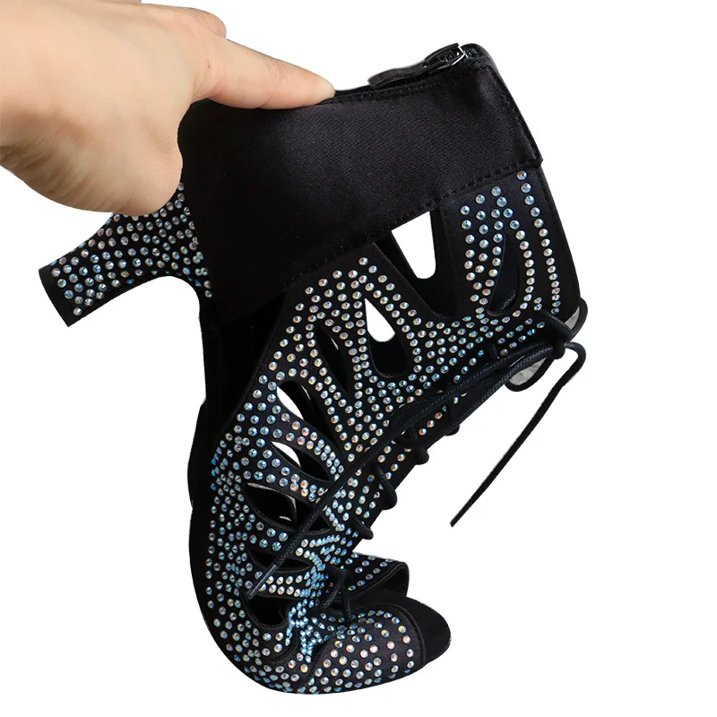 Zapatos de baile de salón negros de tacón personalizado de alta calidad para mujer, botas de baile de cristal, tacón medio