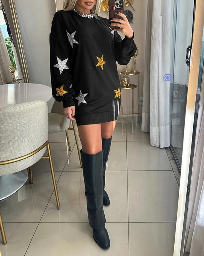 Womens Dresses 2024 Spring Fashion Star Pattern Bronzing Casual O-Neck Long Sleeve Daily Mini Straight Sweatshirt Dress