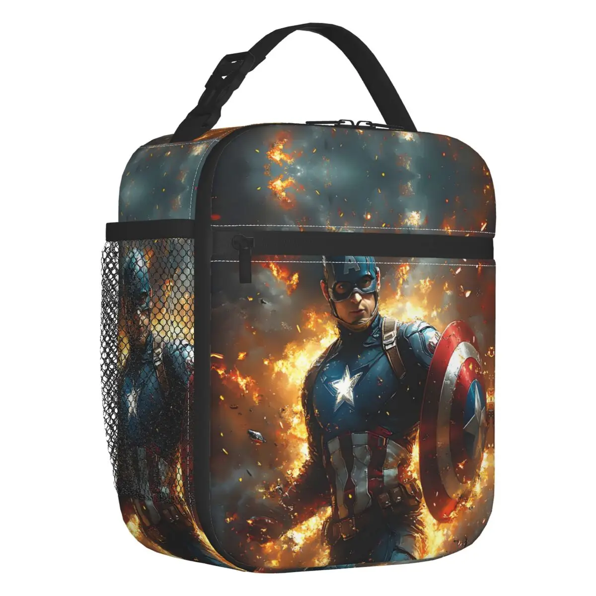 

Винтажная пленка Капитан Америка, термоизолированные сумки для обеда, пленка с горящим пламенем, портативная сумка для обеда для пикника на открытом воздухе, коробка для еды