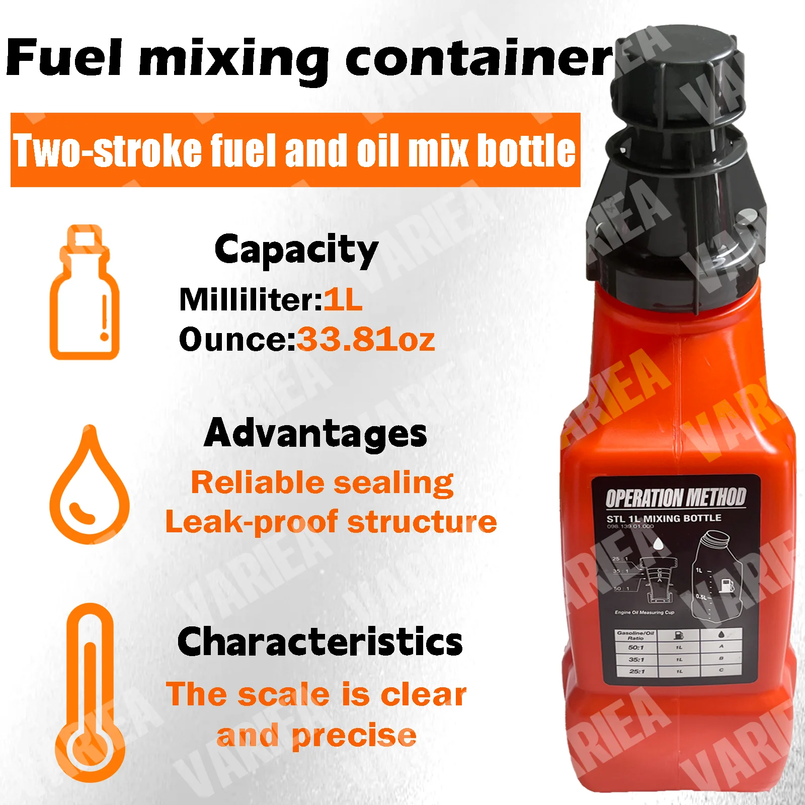 VARIEA-Two-stroke Gardening Equipment Fuel Mixing Bottles - Capacity of 1 Liter, with Measurement Marks and 50:1/35:1/25:1 Ratio
