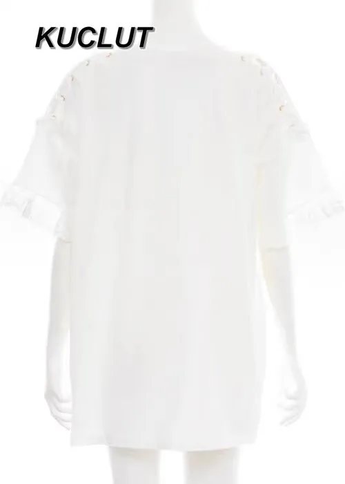 Women's Tops Summer Japanese Style Sweet and Cute Lace Casual Short Sleeve T-shirts Strap Bow Loose Tees Medium and Long T-Shirt