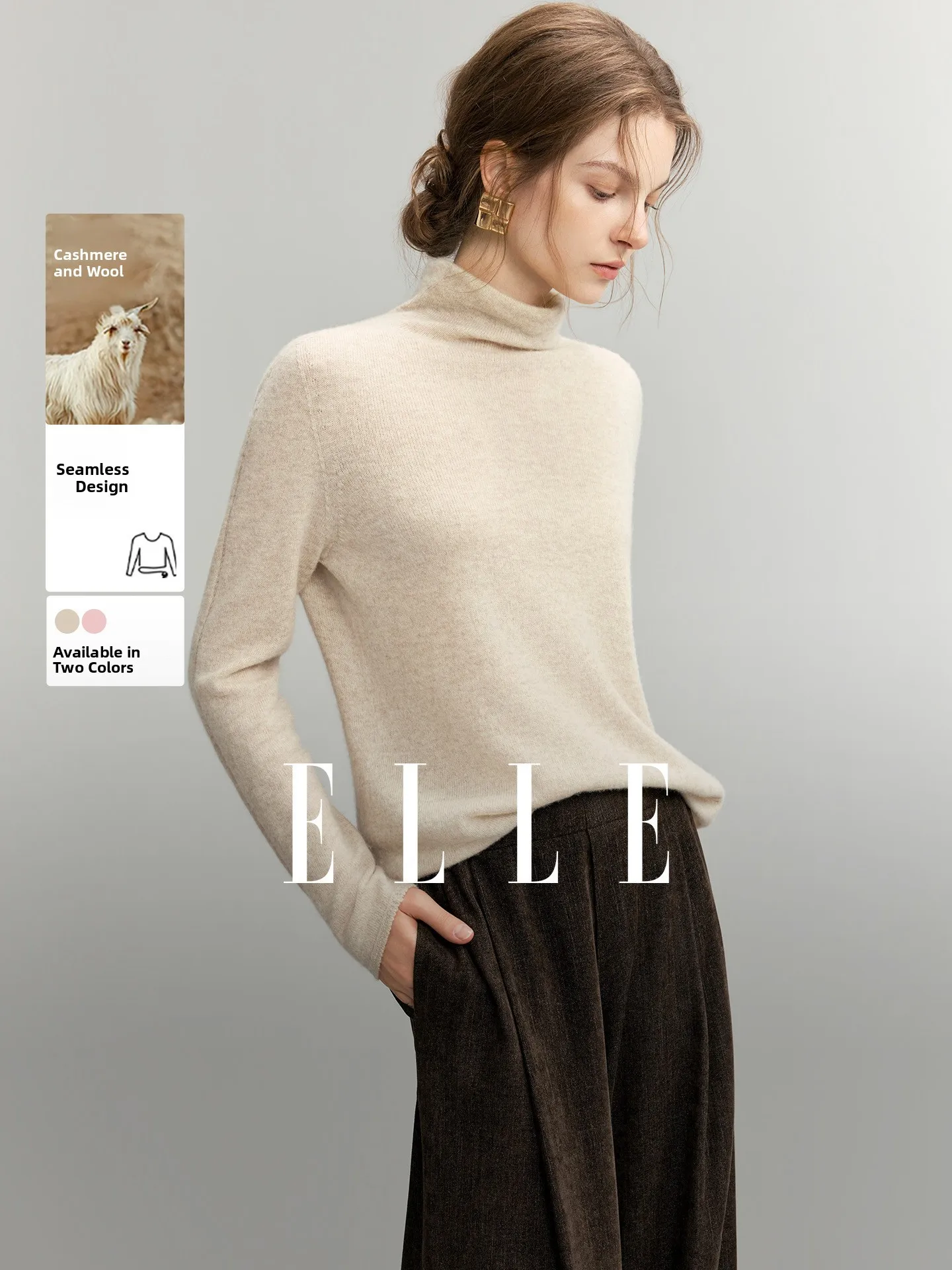 Elle Women's Cashmere Wool Knitted Sweater Autumn New Seamless One-Piece Long Sleeve Soft Comfortable Commute Style Fashion