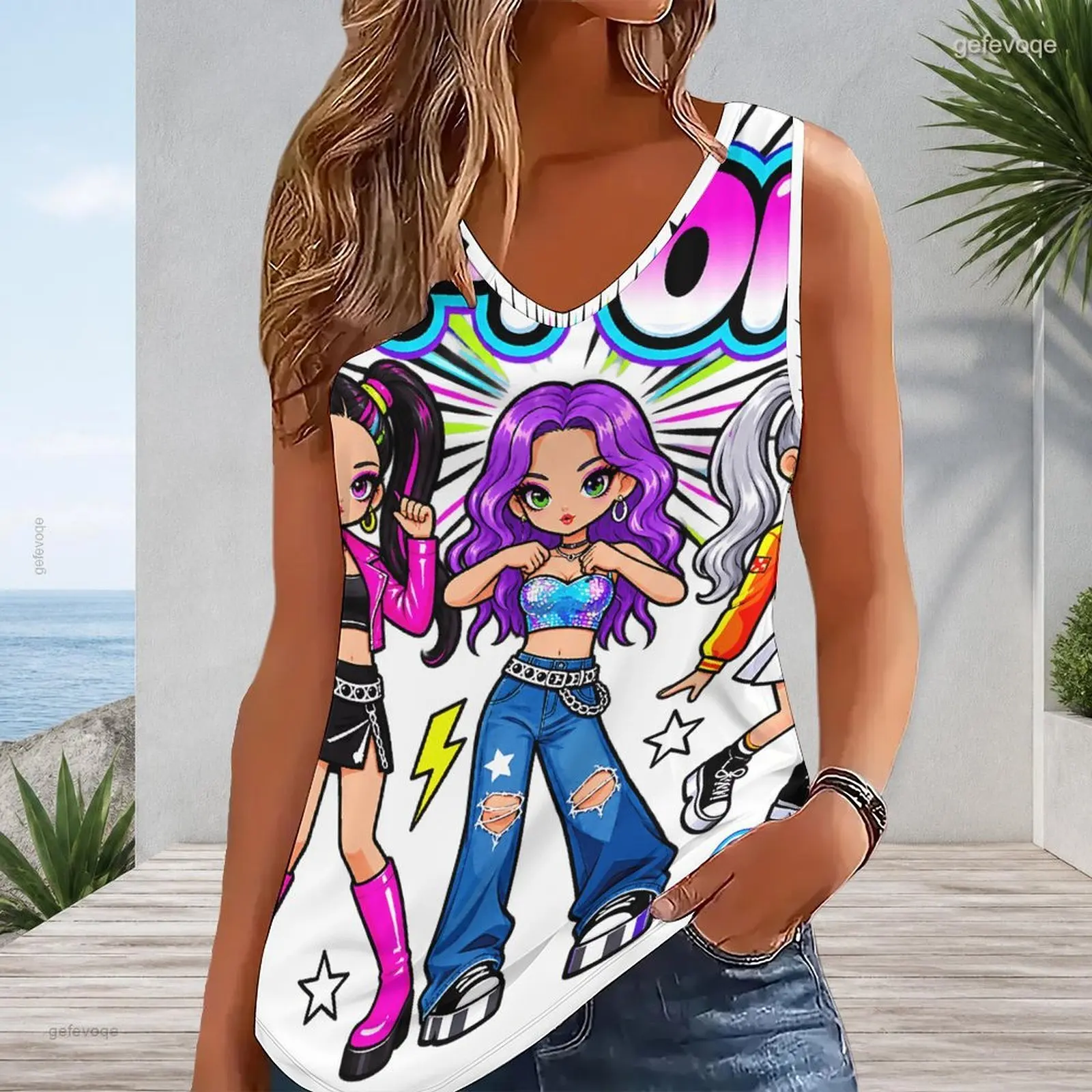 Women V Neck Sleeveless Tank Top Contrast Trim Loose Fit Casual Vest Custom Print Ladies Daily Summer Tops