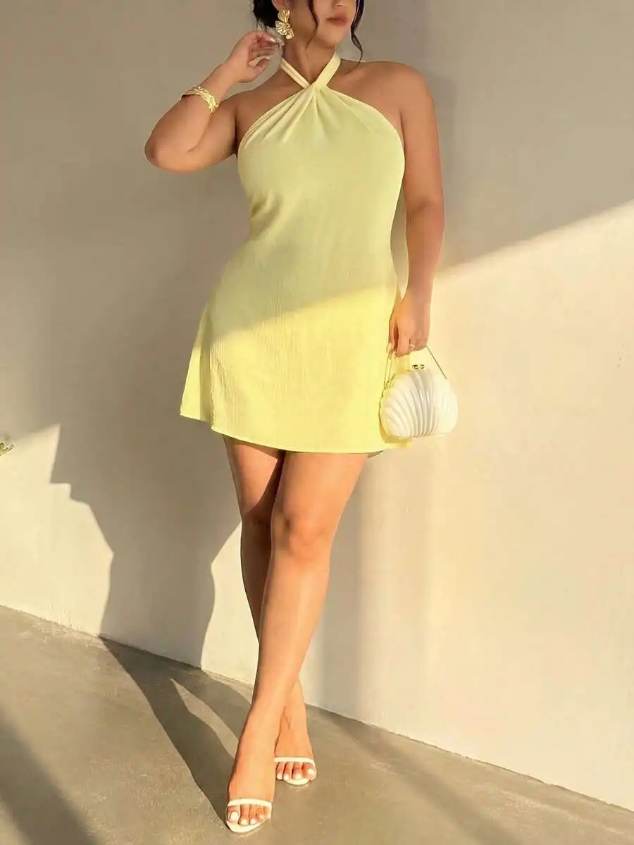

Elegant Solid Color Halter Backless Mini Dress For Women Summer