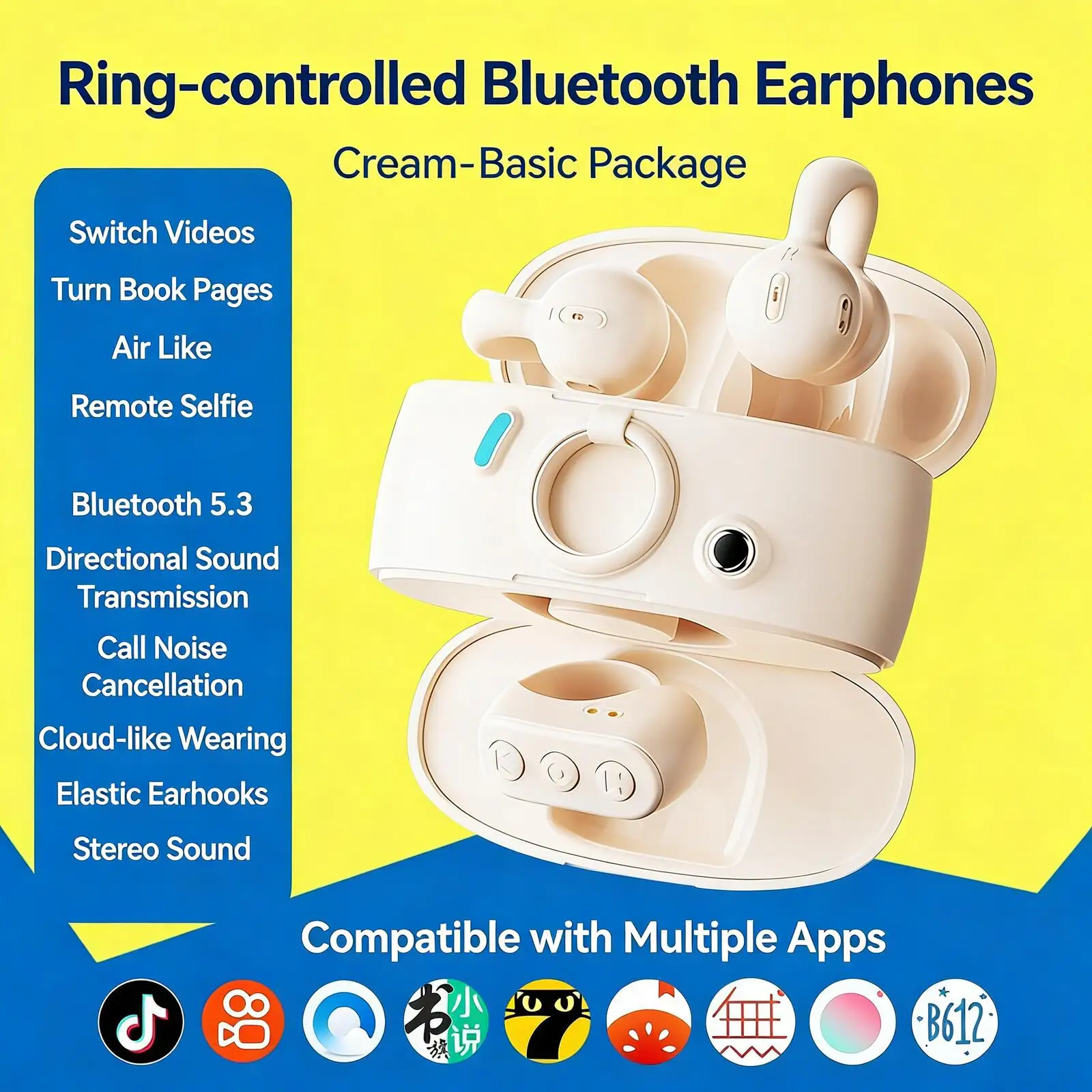 

2-in-1 Ring Remote Control Air Mouse & Ear-Clip Bluetooth Earphones HIFI for Tiktok Scroll Page Turning Photo Video Shooting