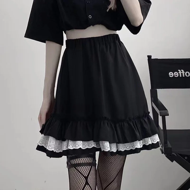 HOUZHOU-Gótico Lace das Mulheres Ruffle Mini Saias, Mulheres Harajuku Fairy Grunge, Saia Plissada Preta, Japonês Lolita Streetwear, Mall Goth