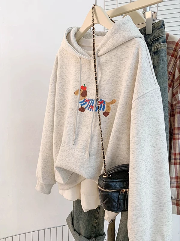 

plus Size 300 Pounds Cartoon Sausage Dog Hoodie Women's Autumn Winter Thickened Fleece Lined Jacket Korean Style Long Sleeve