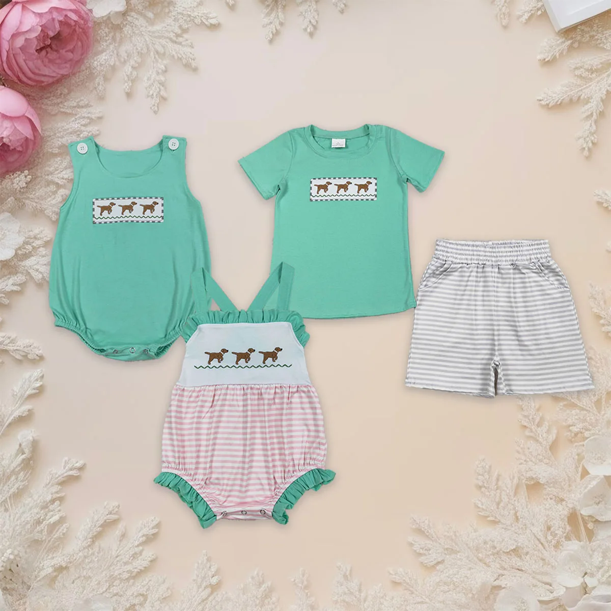 

New Fashion Kids Designer Clothes Cute Sibling Boy Girl Embroidery Dogs Tops Shorts Children Clothes Set Baby Rompers Wholesale