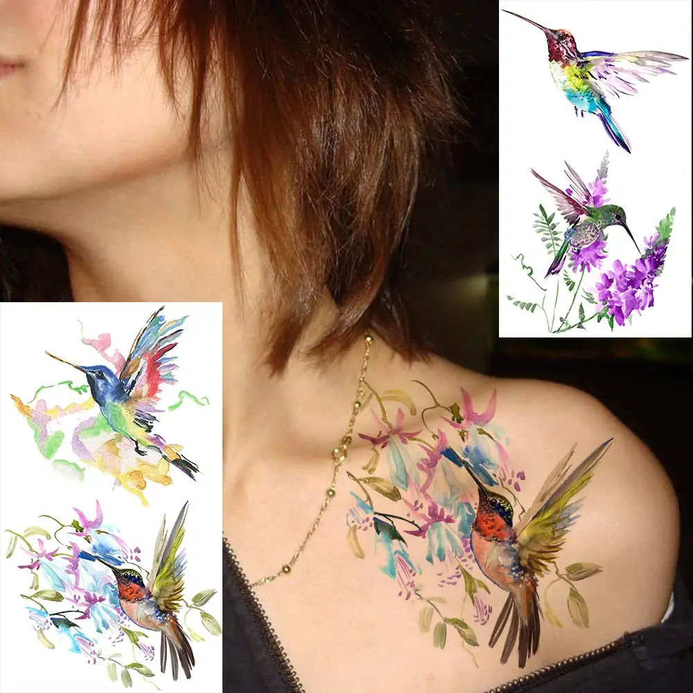 15 Sheets Watercolor Hummingbird Temporary Tattoos For Women Girl Small Flash Fake Flower Face Tatoos Kids Tiny Hands Waterproof