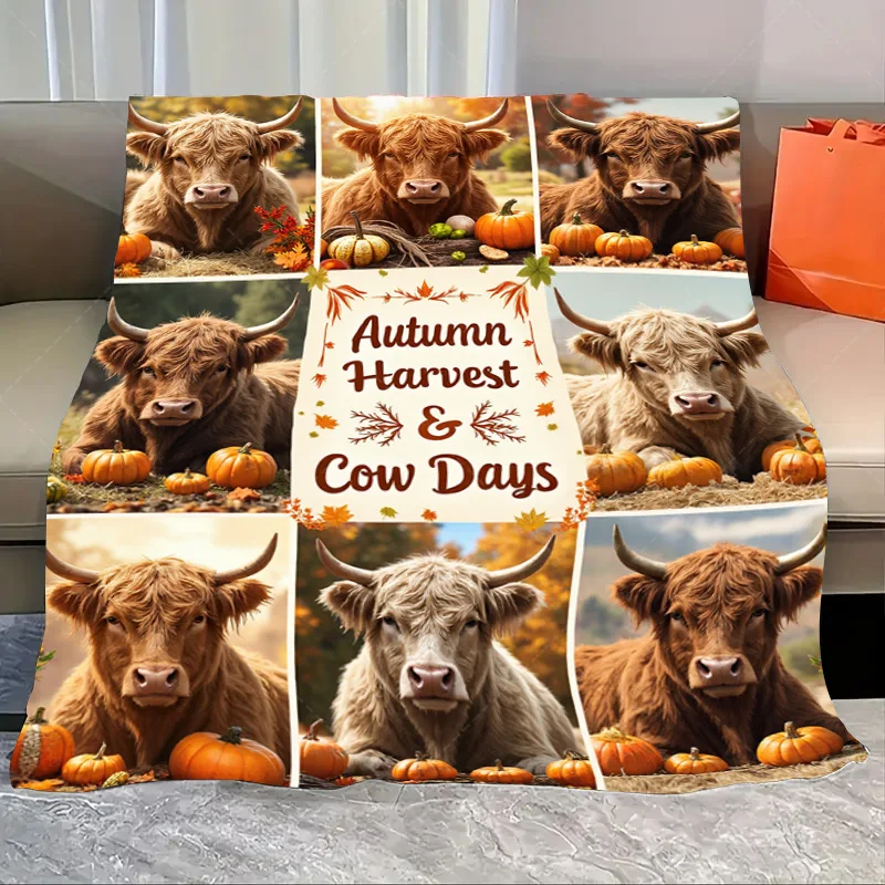 

1pc Flannel Blanket Autumn Harvest Cow Days Cozy Blanket with Pumpkins and Leaves Design