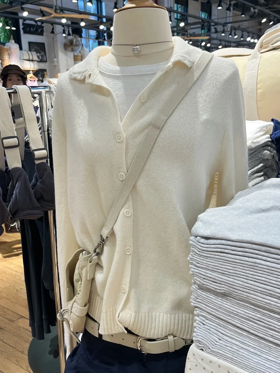 

Новый молочно-белый вязаный свитер, кардиган, женский осенний свитер с воротником «Питер Пэн», милый повседневный трикотаж с длинными рукавами в консервативном стиле