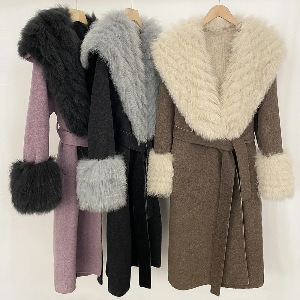 الواقع الفراء سترة معطف طويل الصوف الإناث جديد الخريف الشتاء ريال فوكس الفراء المرأة سميكة الدافئة الفراء الطبيعي على الوجهين سترة صوفية #4