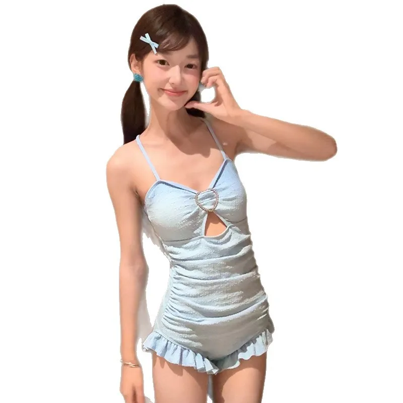 costumi da bagno conservatori di moda coreana sexy due pezzi con volant con nodo increspato body bikini con grembiule con copertura in rete a maniche lunghe