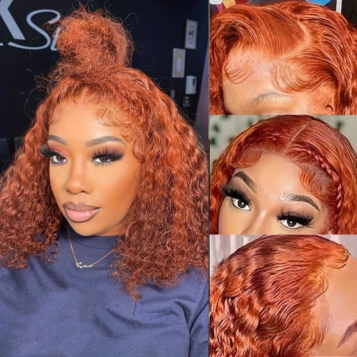 200 densidad 13x4 jengibre naranja rizado Bob peluca con malla frontal cabello humano pelucas de cabello humano con frente de encaje pelucas de cabello humano rizado de onda profunda de color Bob