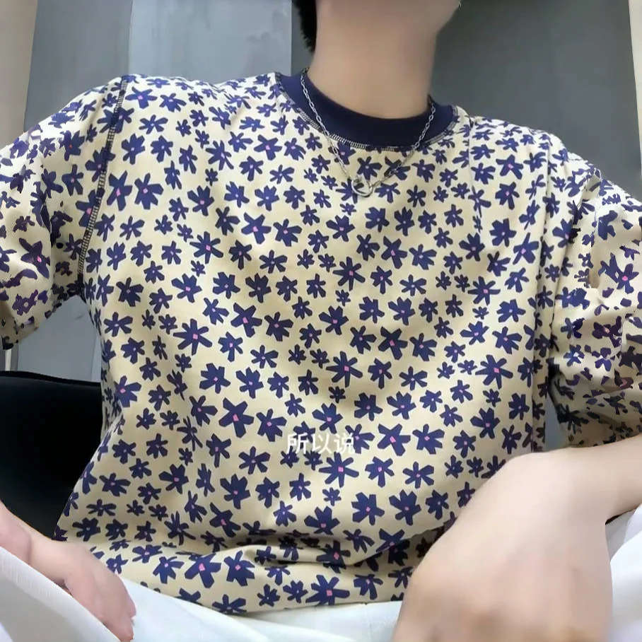 Men's Floral Print Short Sleeve T Shirt Casual Round Neck Breathable Cotton Blend Tee for Summer