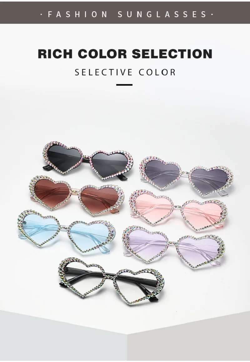 2023 Fashion New Peach Heart Diamond Sunglasses Female Cute Cat Eye Heart Shaped Sunglasses Handmade Drilling Glasses Wholesale