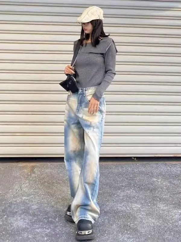 

Waed Tie Dye adient Blue Jeans Men's Loose Straight Leg Wide Leg Bend Knife Pants Wear Resistant Relaxed Fit Casual Jeans