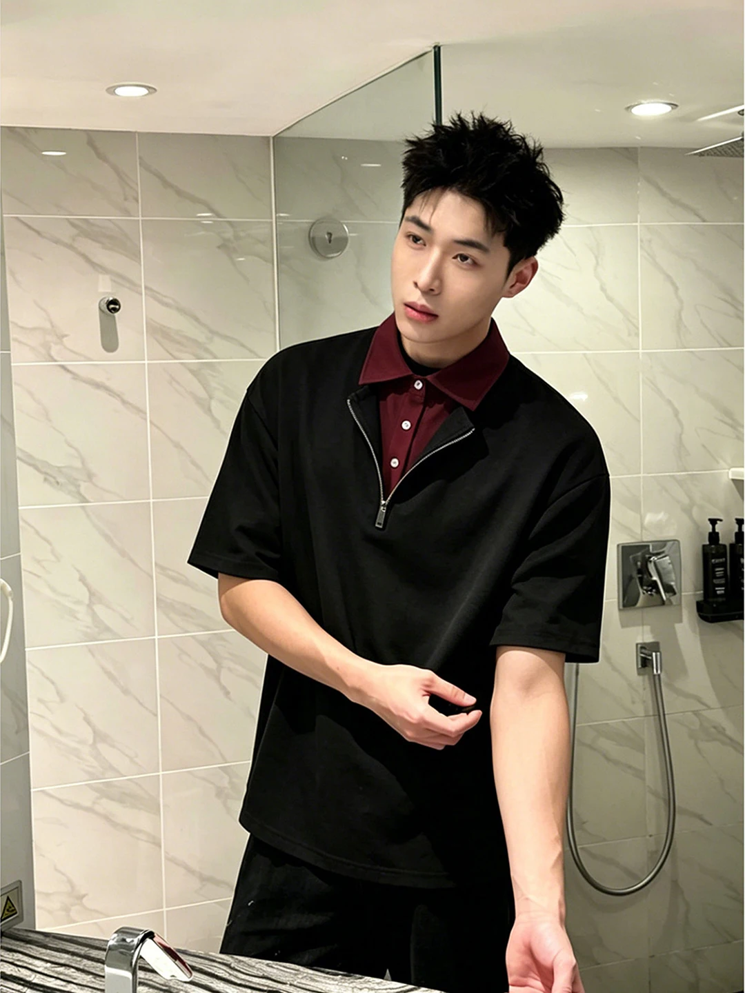 

Black Shirt Short Sleeve Men's Summer High-End Feeling Fake Two-Piece Half Zip T-Shirt American Style Shoulder Level Tee