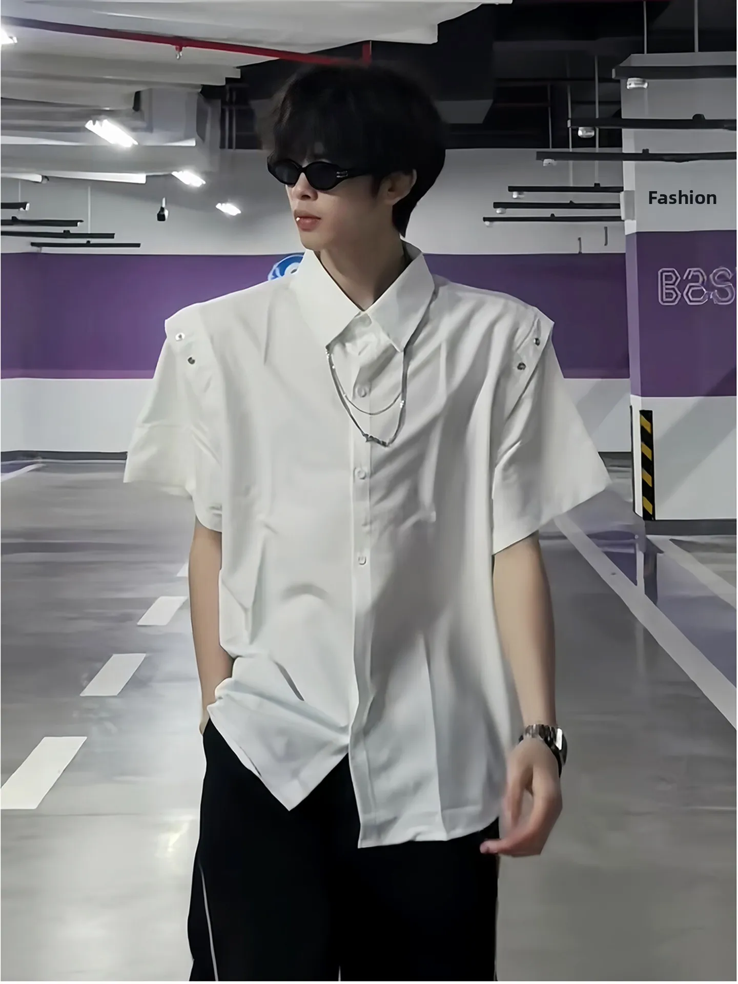 

White Ice Silk Short Sleeve Men's Shirt Summer High Sensation Cool Handsome Structure Shoulder Chain Design Loose Fit Shirt