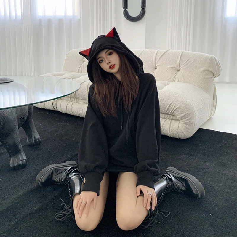 Women Cozy Cat Ear Velvet Thickened Mid-length Pullover Hooded Sweatshirt