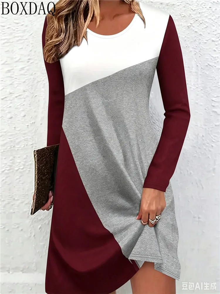 Ladies' Autumn Loose Dress Long Sleeved Round Neck Multi-Color Simple Pattern Printed Casual Women's Dress