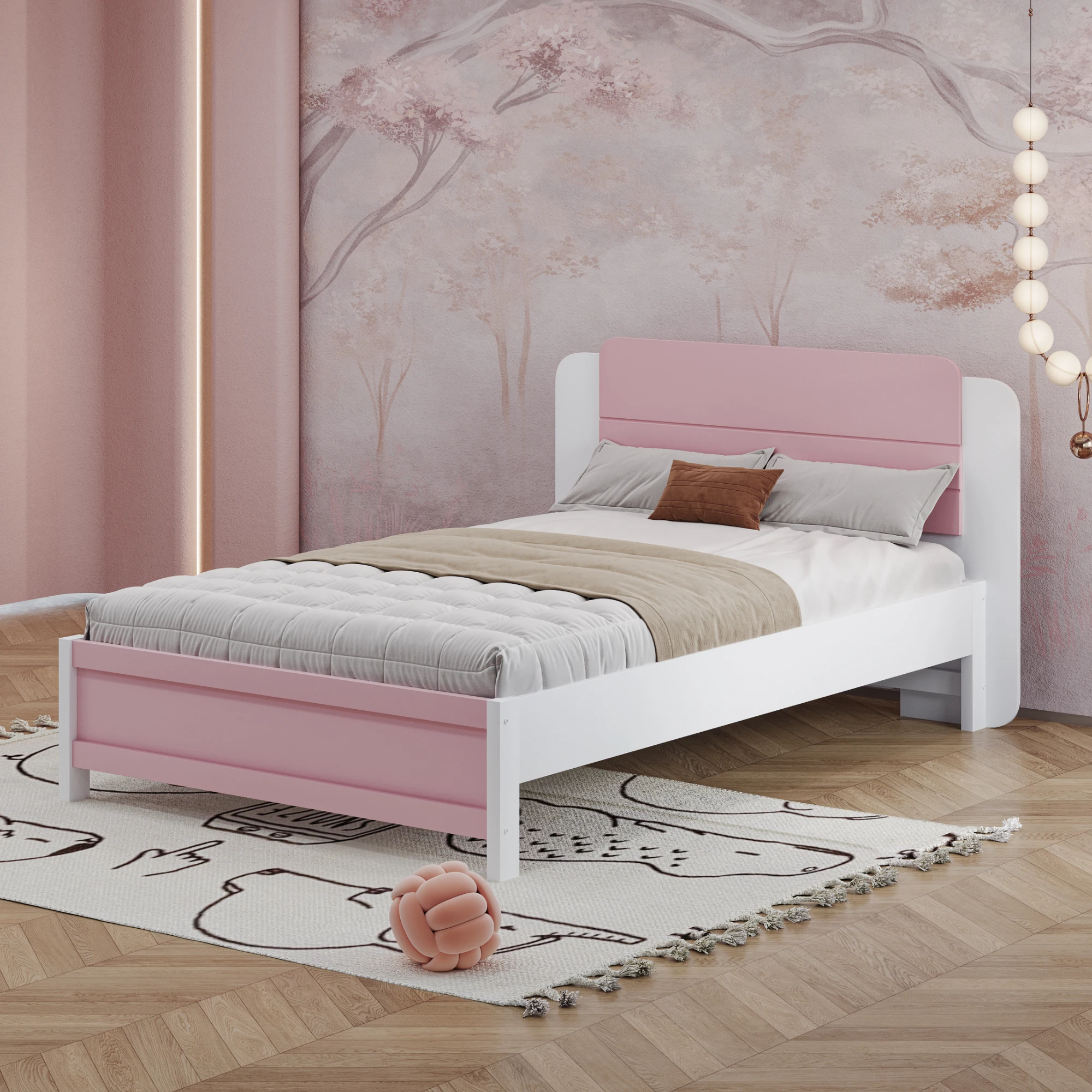 90x200 cm Wooden Bed Unique & Minimalist Shape Headboard with Line Design Children's Zest Bed Pink