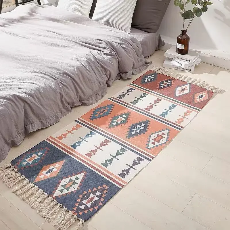 Nordic Moroccan Printed Carpet Hand-woven Cotton Linen Floor Mats Modern Home Living Room Decor Rug Bedroom Bedside Foot Mats