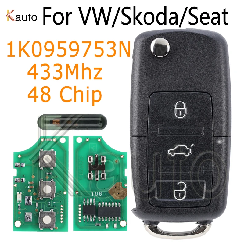 Smart Key 1K0959753N for Volkswagen VW Golf 5 Jetta Tiguan Polo 434 MHz ID48 Chip HU66 Blade 3 Buttons Folding Remote Car Key