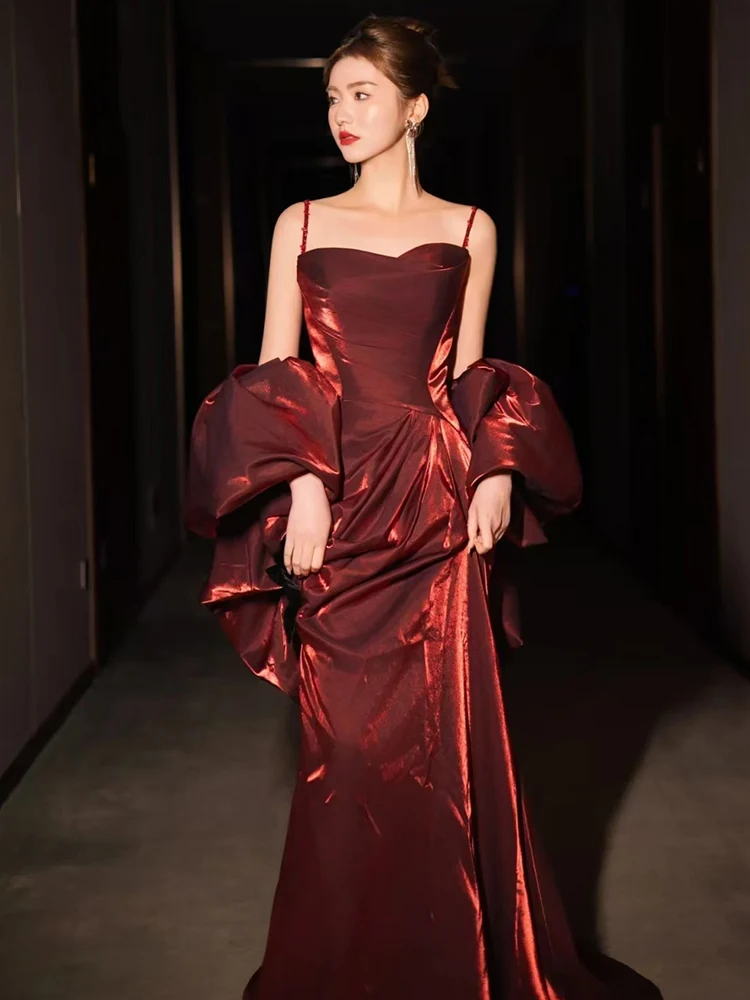 

Bride-to-be Red Dr Gown Korean Sle Fi Tail Wedding Dr Long Dra Saes Formal Evening Gown for Engagement Parties