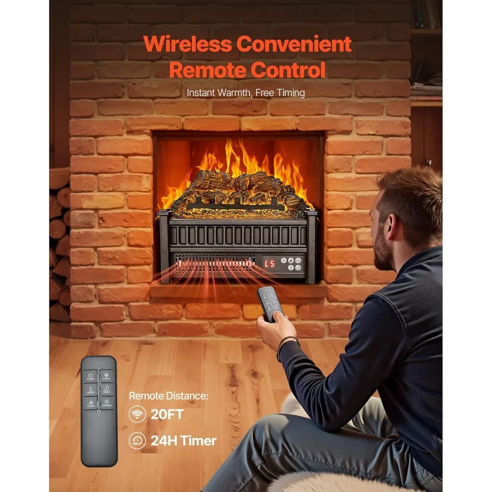 16-дюймовый электрический камин VEVOR с бревенчатым обогревателем, вставкой, пультом дистанционного управления, 5 регулируемыми яркостью пламени и таймером 24 часа