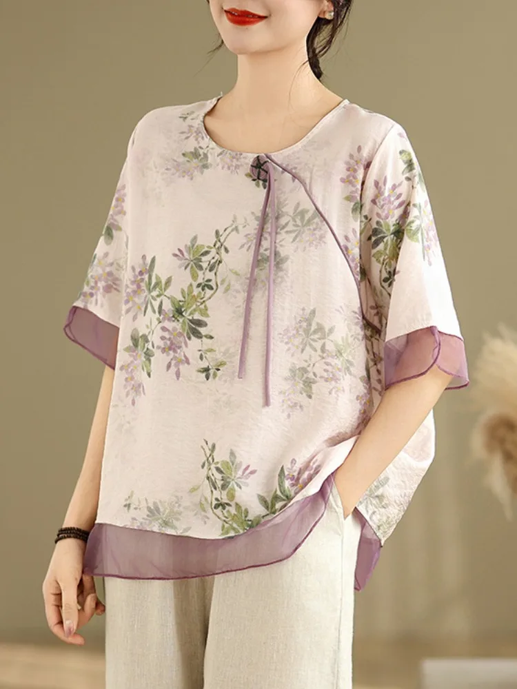 女性中国のファッションブラウス女性花柄シャツ