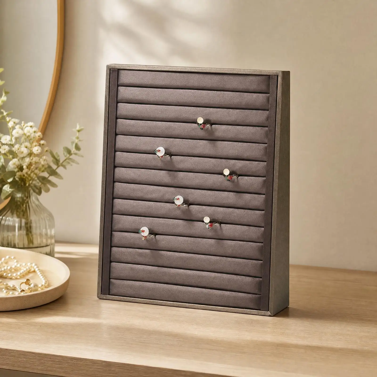 Brown PU Leather Jewelry Storage Tray with Elastic Band for Ring Display and Accessory Organization