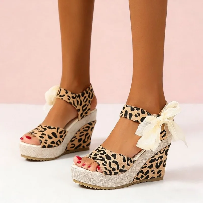 

2026 New Sandals Women's Floral Pattern Bowknot Decor Platform Wedge Espadrilles Platform Bow High Heels Women's Shoes