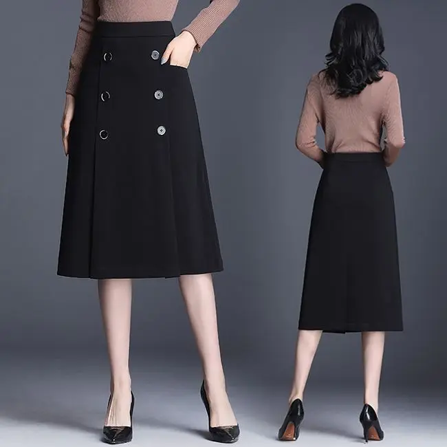 

Autumn All-match Buttons Solid Color High Waist A-line Skirt Femme Temperament Pleated Black Slim Skirt Women Clothing Fashion